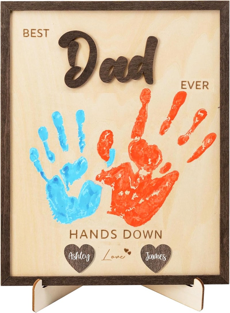 NELXI Best Dad Ever Gifts, Gifts For Dads, Handprint Fathers Day Gift, Family Handprint Kit, Personalized Wooden Picture Frame, Sentimental Keepsake From Kids, Toddlers, Papa, Bonus Dad, Grandparents Decor - Image 1